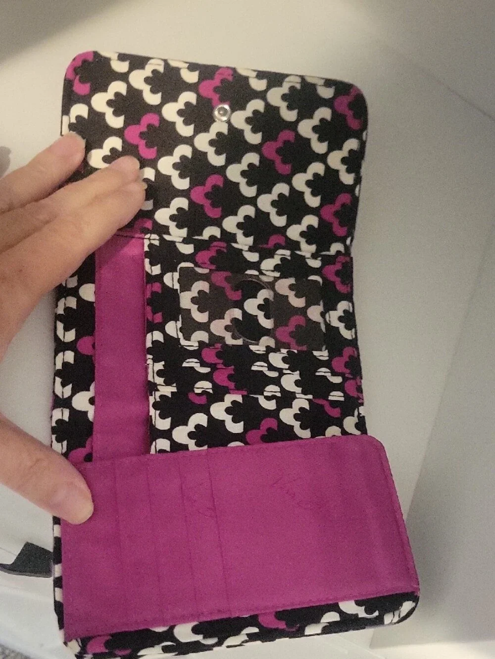 Vera Bradley Patterned Black and Pink bi-fold snap close wallet